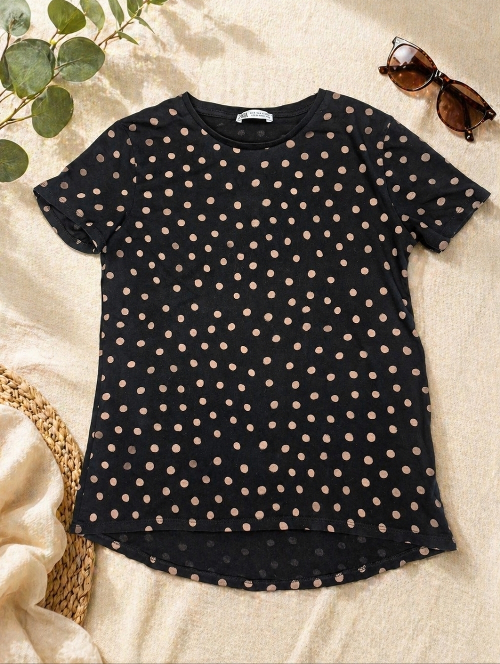 Zara Polka Dot Tee Black Tan Short Sleeve Hi-Low Hem Size S